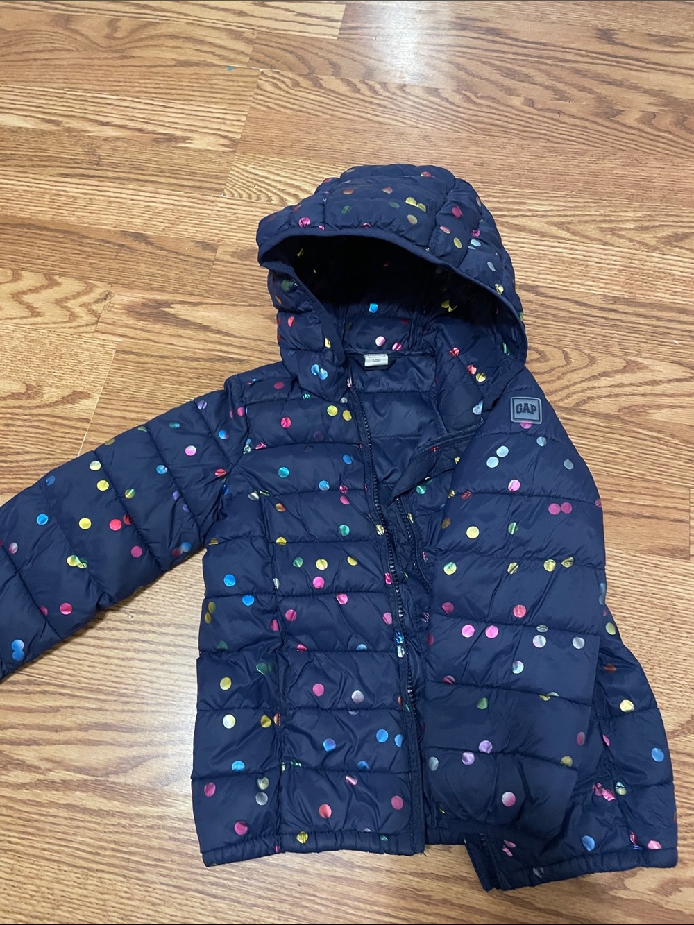 GAP Navy Hooded Puffer Jacket with Multicolor Polka Dots